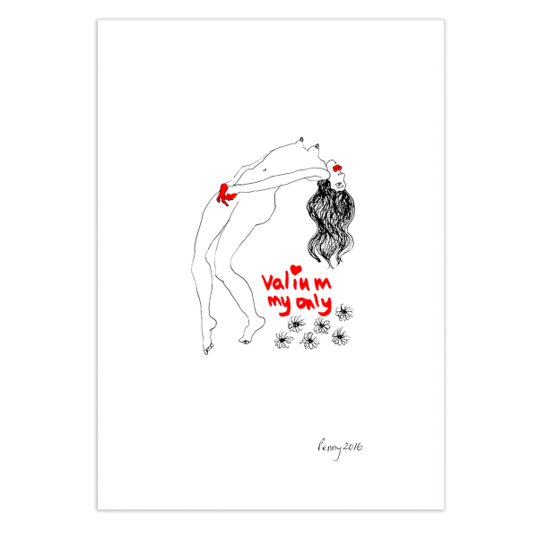Image of Penny Goring's 'Valium My Only', an illustration of a woman arching her back, her lips, hands and the title phrase highlighted in red.